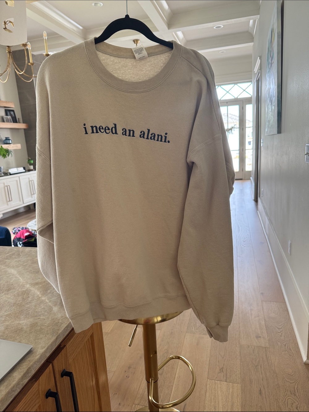Hanes Crewneck Sweatshirt-I need an alani- Sand with Navy Text